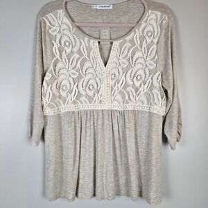 Maurices Womens Blouse Top Oatmeal Lace Overlay 3/4 Sleeve Keyhole Small.B51‎